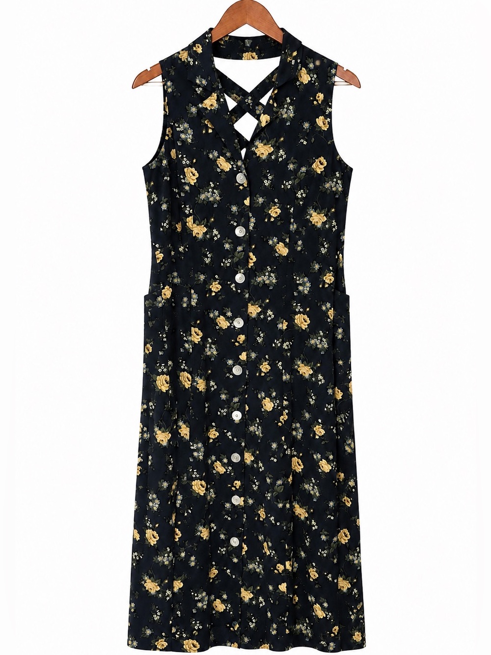 VTG 90s R&K Dress 4 Petite Navy yellow roses Floral grunge Button Front Maxi